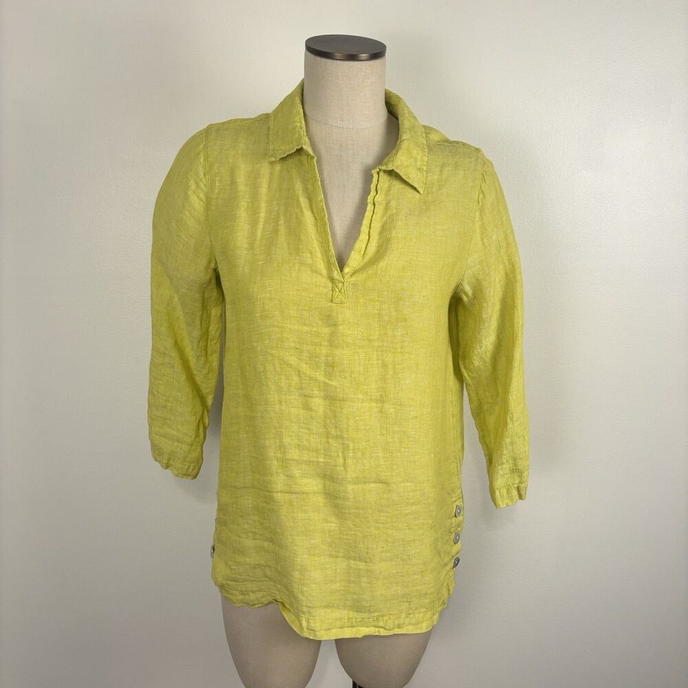 Tahari 100% Linen Yellow Split Neck Tunic Top Womens Medium